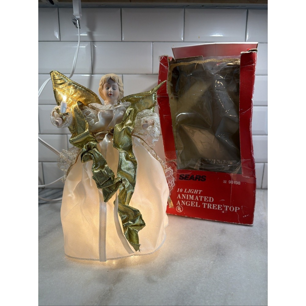 Vintage Sears Animated Angel Tree Topper 10in Christmas Porcelain Face Works